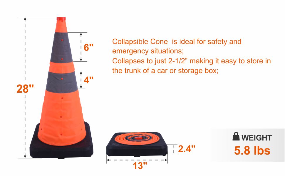 Collapsible Cone is ideal for safety and emergency situations; Collapses to just 2-1/2" making it easy to store in the trunk of a car or storage box;