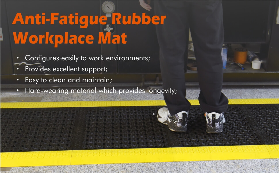 Anti-FatigueRubber Workplace Mat: Configures easily to work environments; Provides excellent support; Easy to clean and maintain; Hard-wearing material which provides longevity;