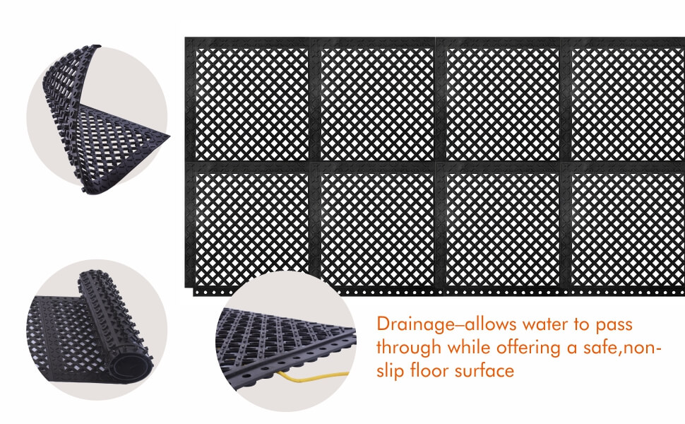 Drainage-allows water to pass through while offering a safe,non-slip floor surface.