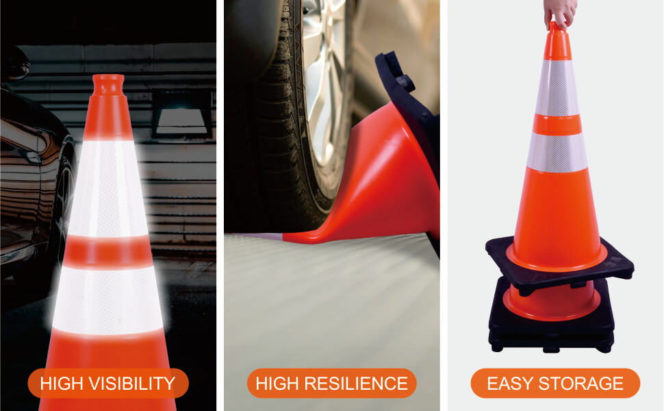 Flexible Black Base PVC Traffic Cone 12 - 36Inch with Reflective Collar: high visibility; high resilience; easy storage