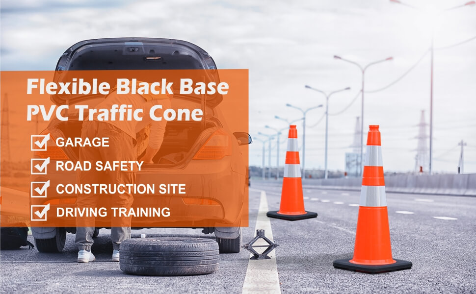 Flexible Black Base PVC Traffic cone： GARAGE; ROAD SAFETY; CONSTRUCTION SITE; DRIVING TRAINING;