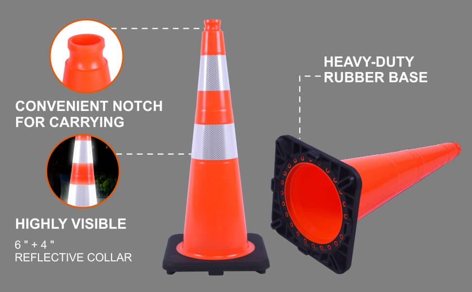 Flexible Black Base PVC Traffic Cone 12 - 36Inch with Reflective Collar: Convenient notch for carrying; Highly visible Reflective collar; Heavy-duty rubber base;