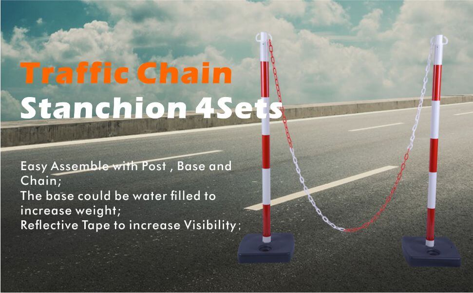 Traffic Chain Stanchion 4 Sets Easy Assemble with Post , Base and Chain. The base could be water filled to increase weight. Easy to install and transfer. The appearance has a prominent warning effect.