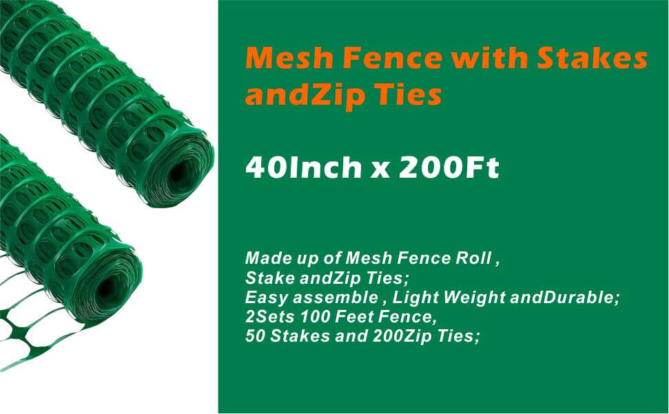 Made up of Mesh Fence Roll , Stake and Zip Ties; Easy assemble , Light Weight and Durable; 2Sets 100 Feet Fence, 50 Stakes and 200 Zip Ties;