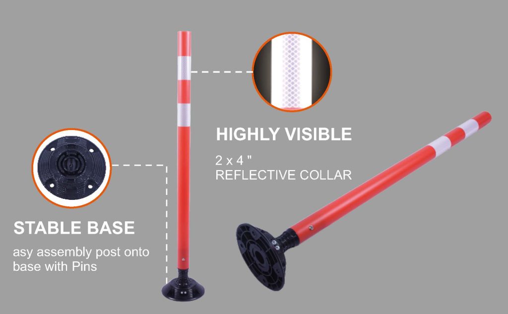 High Visibility 2 x4" Reflective Collar,To enhance the visual effect at night. Stable base, fix the assembly column to the base with dowels.