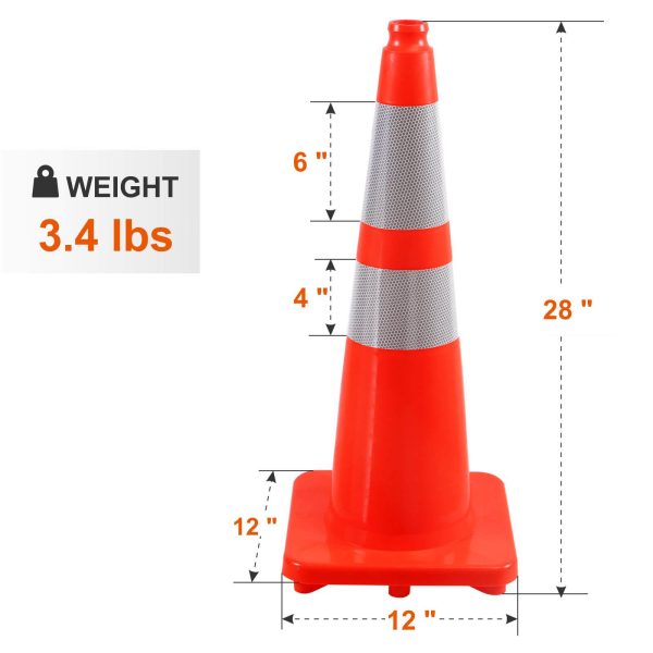 28Inch Fluorescent Orange Flexible PVC Traffic Cone with Reflective Collar. Product dimensions.