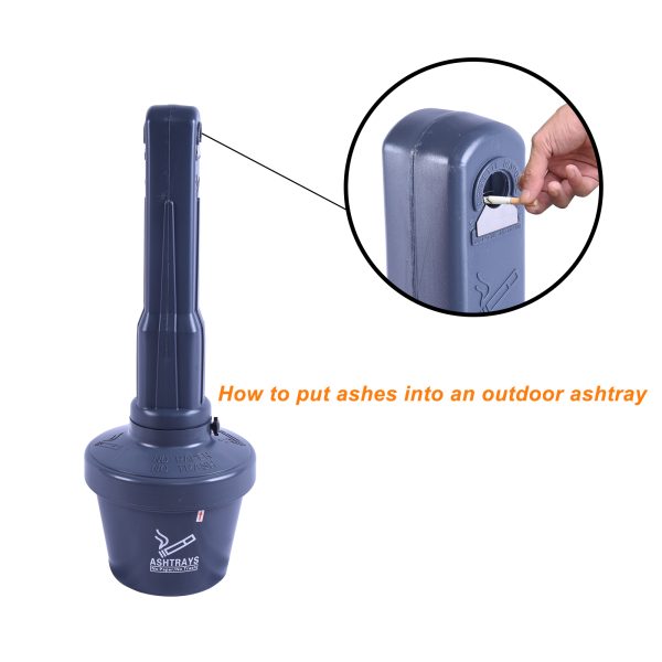 Product color gray; you can put the cigarette butts or ash through the small opening at the top.